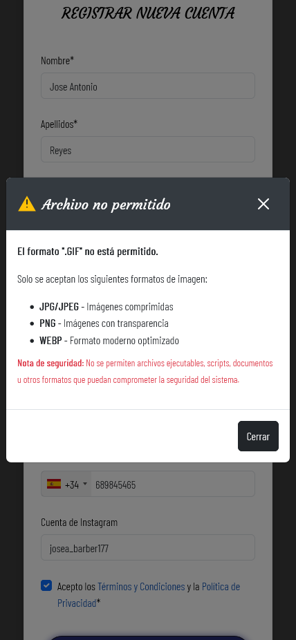 hemos subido una imagen con un formato no permitido